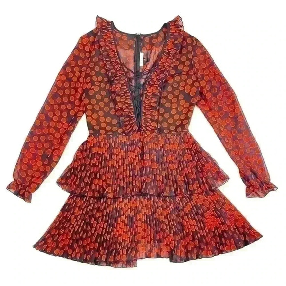 Delfi Collective Polka Dot Ruffle Mini Dress with Lace Up Bodice Black Orange - Picture 1 of 10